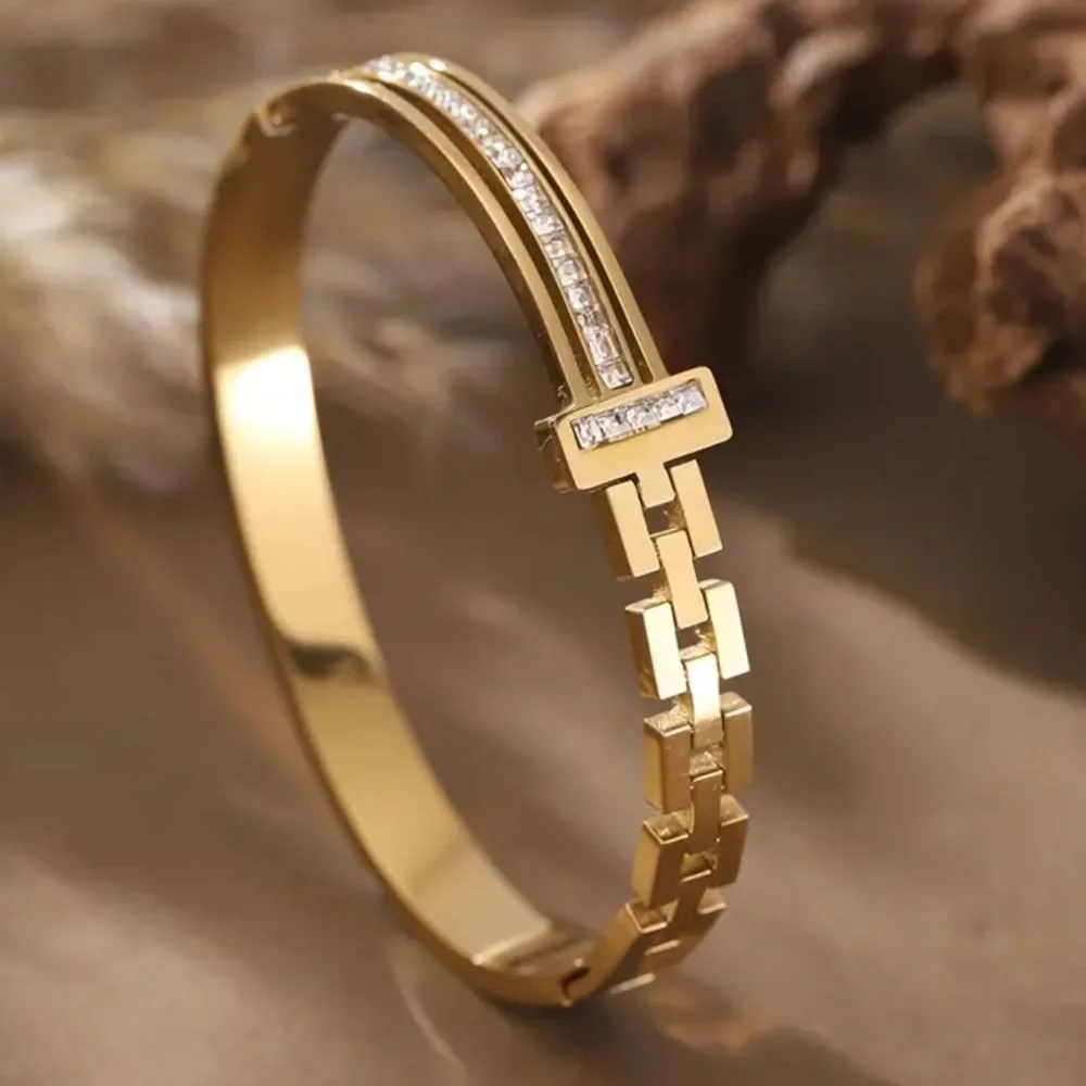👠 Gold Link Cz Diamond Bangle Bracelet